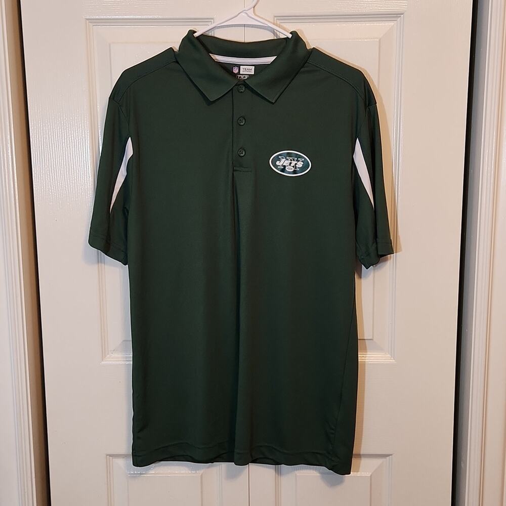NY‎ Jets NFL Team Apparel Green & White Short Sleeve Polo Size Med Football